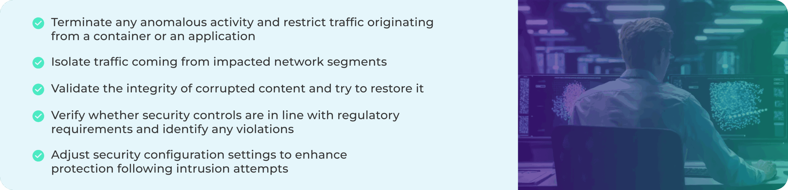 Blog section with light blue background with the checklist of actions for disaster recovery with the turquoise checkpoint signs along side and a picture on the right of the software engineer creating models with AI