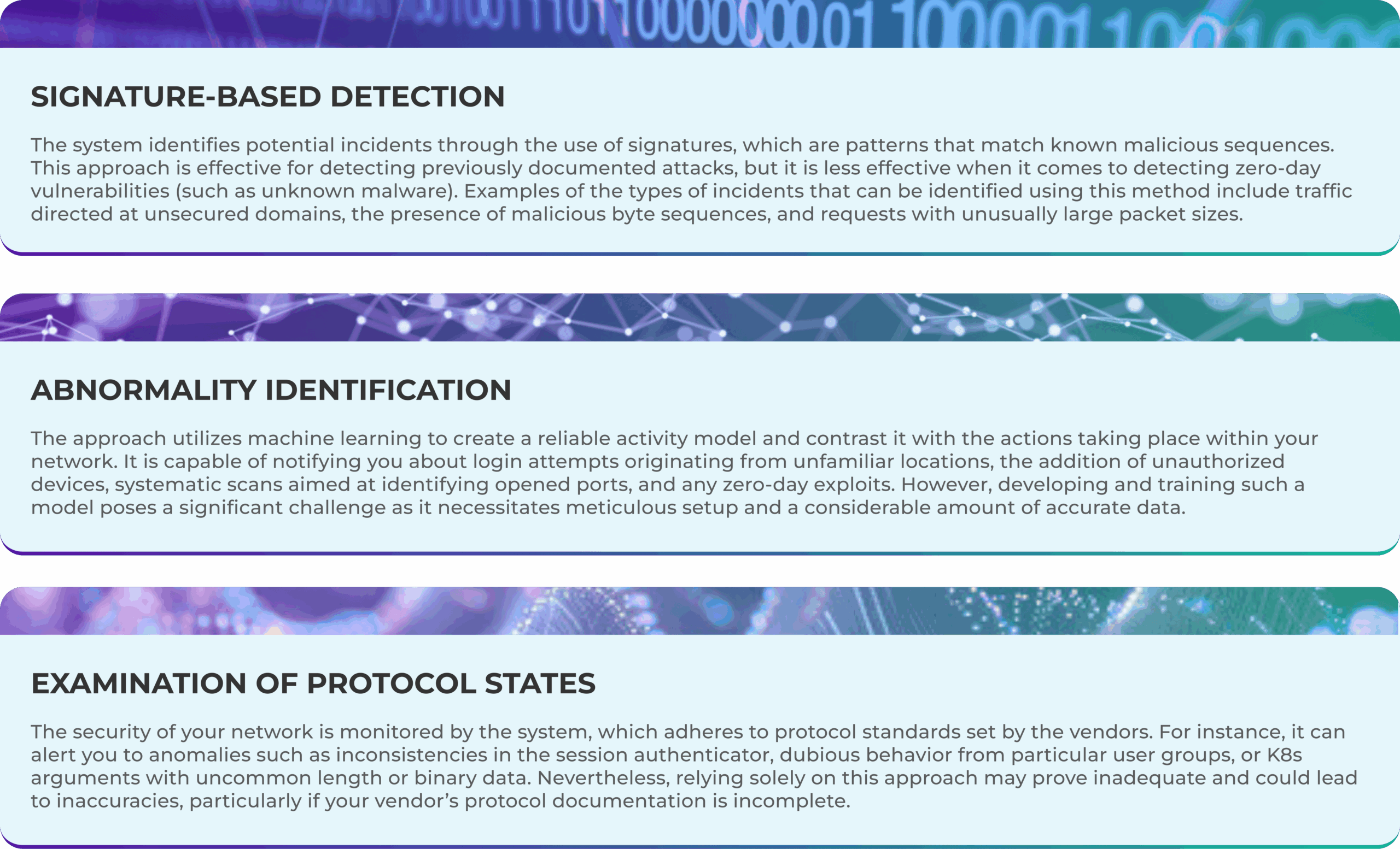 Blog section with light blue background detailing signature-based protection, abnormality identification, examination of protocol states featuring key approach features, protocols etc