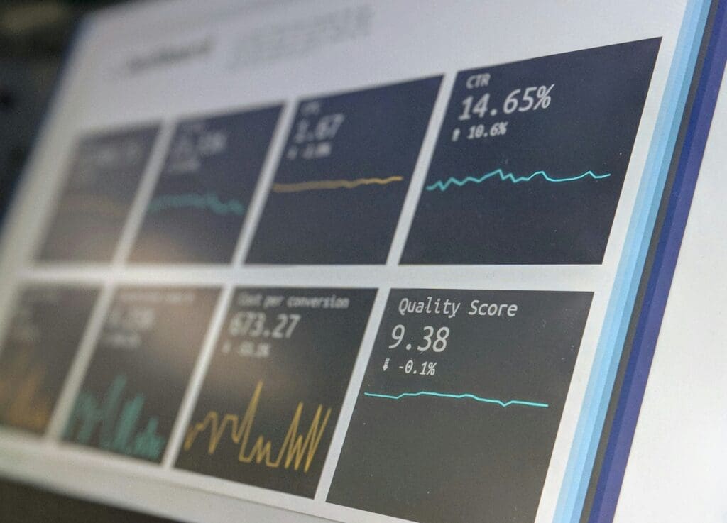 Analytics dashboard close-up showing key performance metrics: CTR, quality score, conversions—ideal for data-driven marketing or business intelligence.