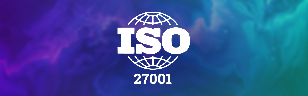 ISO 27001 certification logo with globe icon on purple-teal gradient background indicating information security management standard | Dedicatted