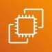 white microchip icon overlapping another on orange gradient background representing Amazon EC2 (Elastic Compute Cloud)