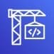 white construction crane lifting code symbol box on blue gradient background representing AWS CodeBuild
