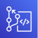 white branching version control diagram with code symbol on blue gradient background representing AWS CodeCommit
