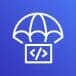 white parachute icon carrying a box with code symbol on blue gradient background representing AWS CodeDeploy