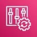 white icon of control sliders and gear with sync arrows on pink gradient background representing AWS Application Auto Scaling