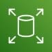 white cylindrical database icon with four outward-pointing arrows on green gradient background representing Amazon DynamoDB