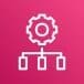 white gear icon connected to three hierarchical nodes on pink gradient background representing AWS Systems Manager