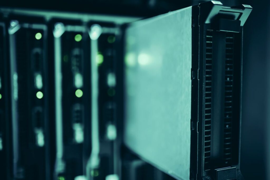 Blade servers in a data center rack