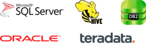 group of logos centered on the picture: Oracle logo, Microsoft SQL Server, teradata logo, hive logo