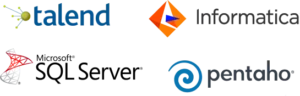 group of logos centered on the picture: Informatica logo, pentaho logo, Microsoft SQl server, talend logo
