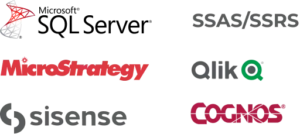 Group of logos on the picture: Microsoft SQL server logo, SSas, MicroStrategy, sisense logo, alik logo
