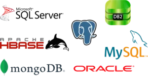 Group of logos on the picture: Oracle logo, MongoDB logo, MySQL logo, Apache Hbase logo