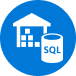 white warehouse icon with stacked boxes next to SQL database cylinder on blue circular background representing SQL data warehouse