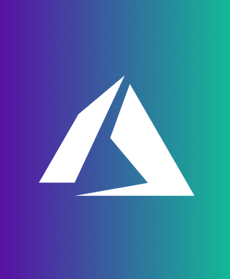 white stylized triangular Microsoft Azure logo on gradient background transitioning from purple to teal