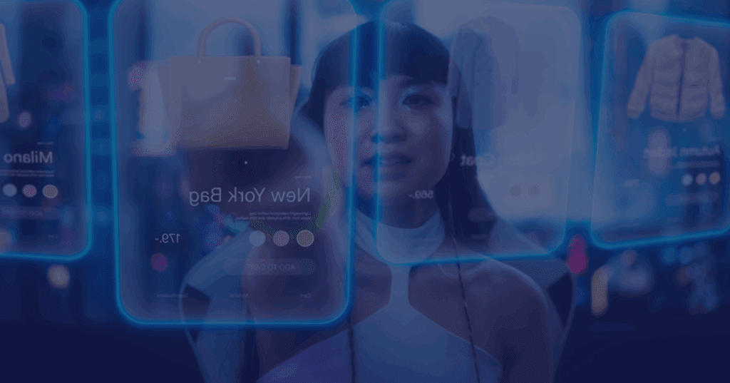 Young woman standing in front of holographic product displays in a futuristic in-store environment, symbolizing AI-powered retail and immersive shopping experiences