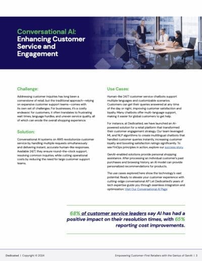 Promotional flyer for Dedicatted’s Gen AI for retail service. The headline reads: 'Conversational AI: Enhancing customerService and Engagement' It describes a challenge, solutions and use cases with the highlight on to assess infrastructure reliability, scalability, security, and cost performance.