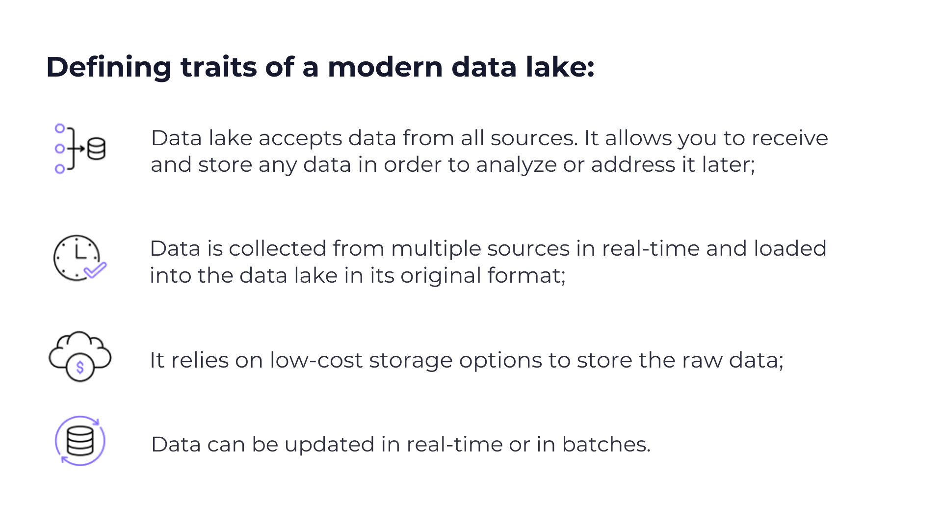 Diagram showing Data Lake features: low-cost storage options, real-time updates, accepts data from all sources