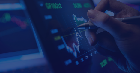 Close up hand of businesswoman using digital pencil hologram for drawing business forex chart interface on dark blue background Digital transformation and trading concept