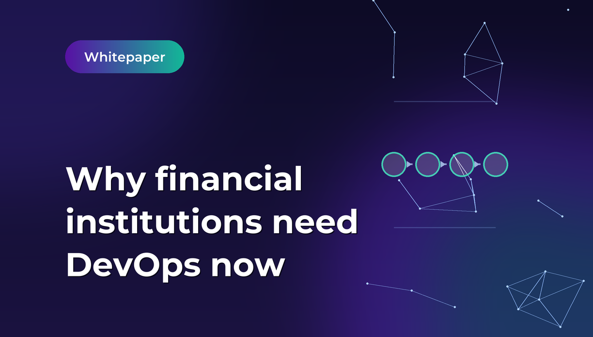 Whitepaper badge on a dark gradient hero with geometric constellation shapes and the title 'Why financial institutions need DevOps now'