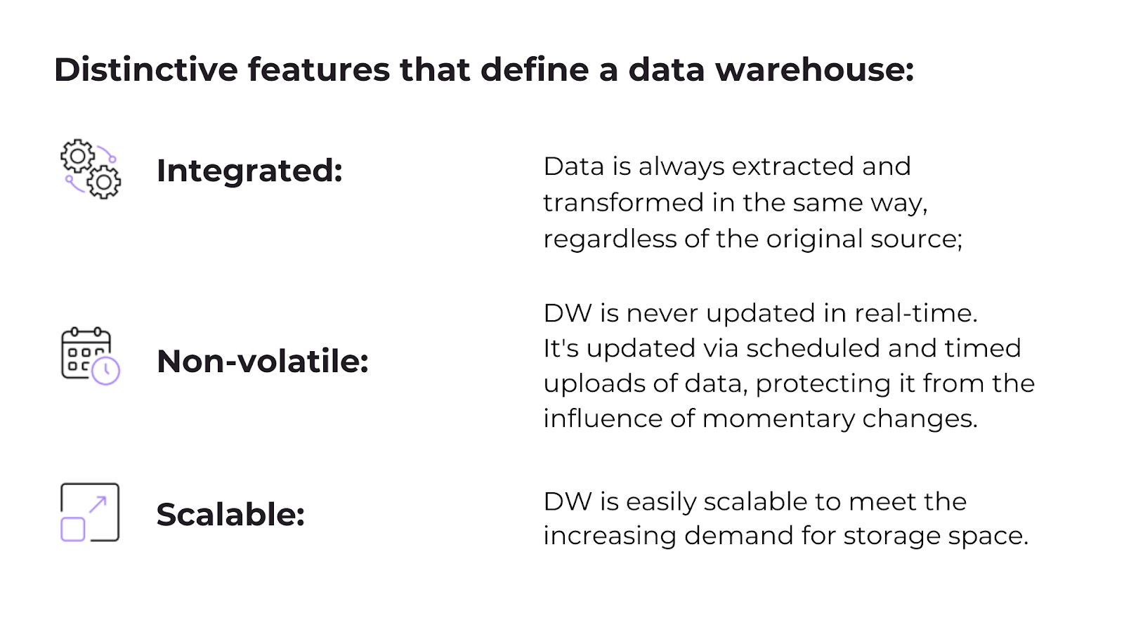 Diagram showing Data Warehouse features such as integrated, non-volatile, scalable