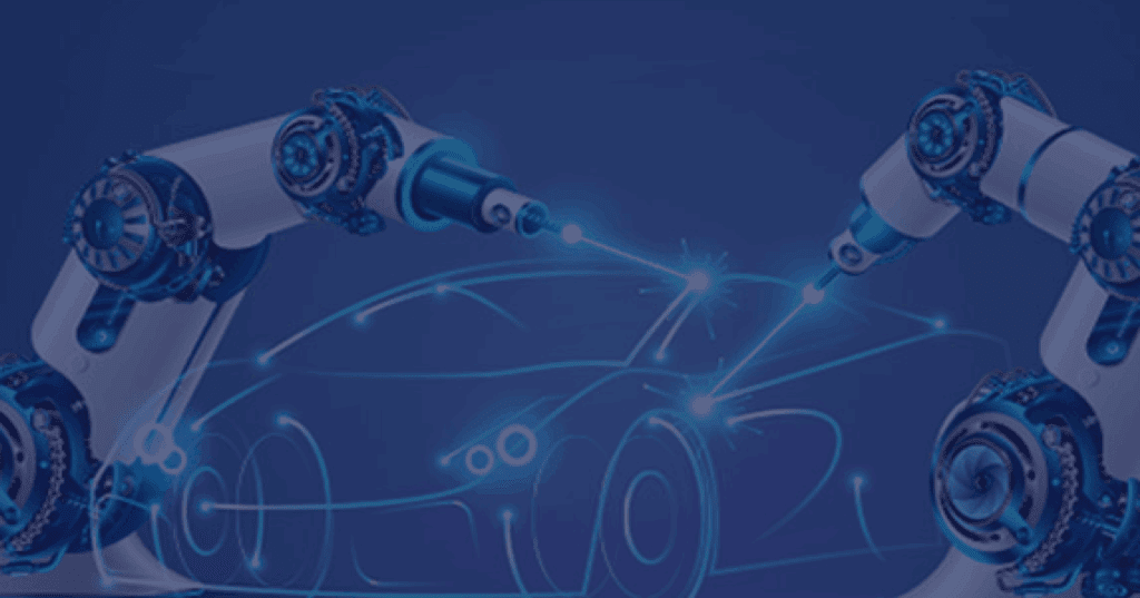 Robotic hands. Automotive factory. Welding industrial robotics welders