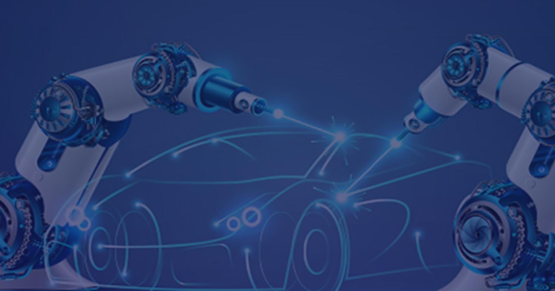 Robotic hands. Automotive factory. Welding industrial robotics welders