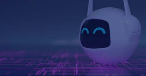 Close-up on Smiling AI robot character with glowing blue eyes on a futuristic digital background with purple light grid