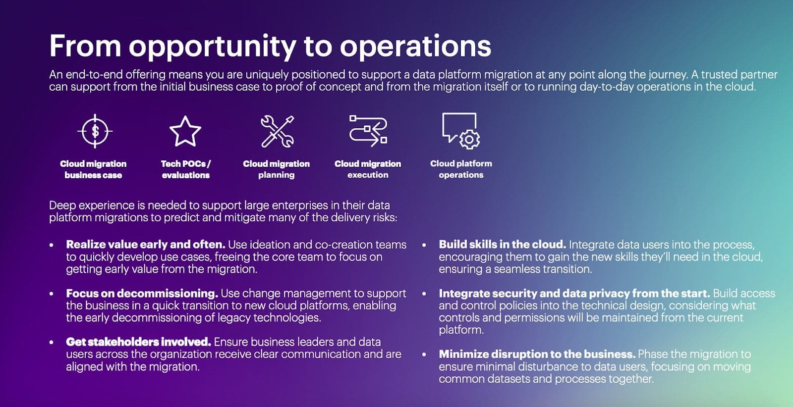 Infographic titled "From opportunity to operations" explaining support for cloud data platform migrations. Icons represent stages: Cloud migration business case, Tech POCs/evaluations, Cloud migration planning, Cloud migration execution, Cloud platform operations. Key points: realize value early, focus on decommissioning, involve stakeholders, build skills in the cloud, integrate security and privacy from the start, and minimize business disruption. Background gradient purple to teal.