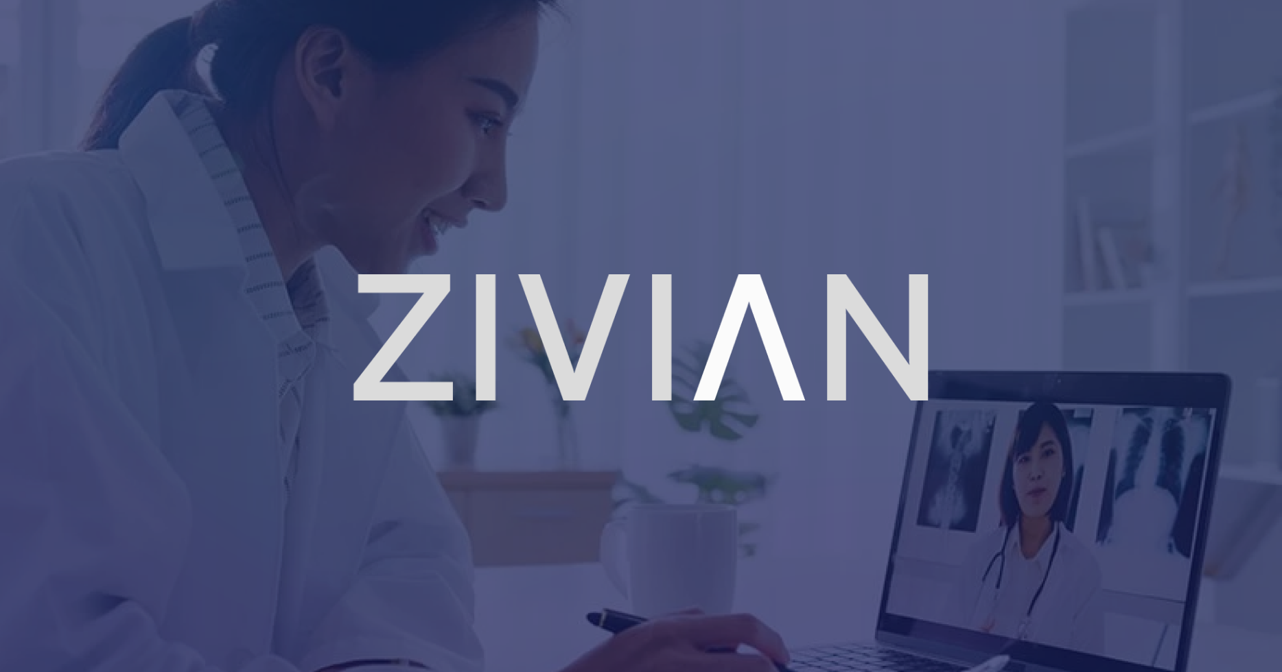 A woman doctor or pharmacist in her surgery room with a headset in front of the computer talks via video call to the patient, telling her so she can easily