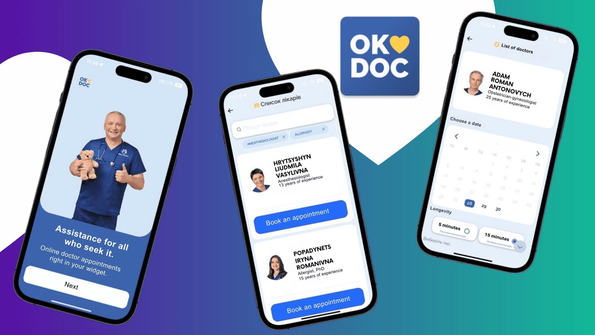 Promotional image of the OKDOC mobile app displayed on three smartphones, showing features such as doctor profiles, appointment booking, and scheduling calendar.