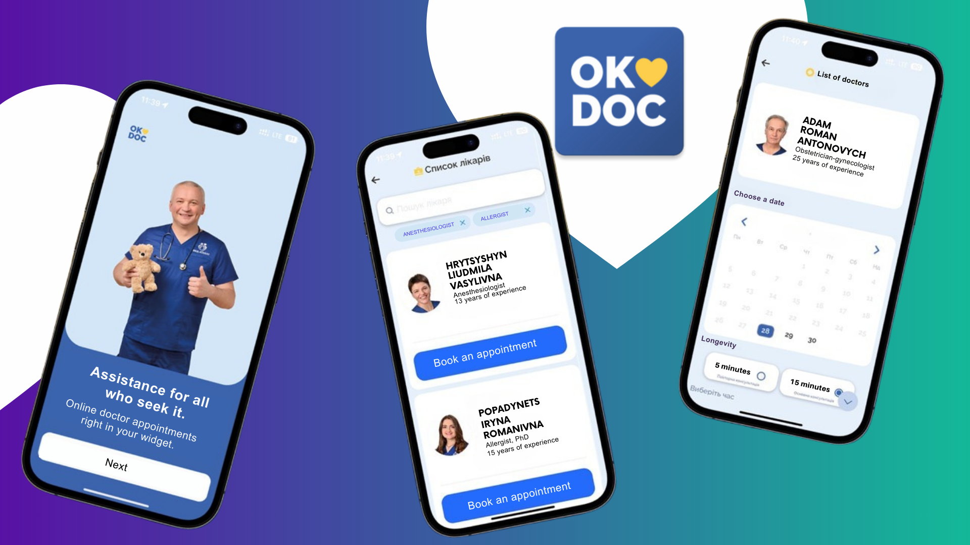 Promotional image of the OKDOC mobile app displayed on three smartphones, showing features such as doctor profiles, appointment booking, and scheduling calendar.