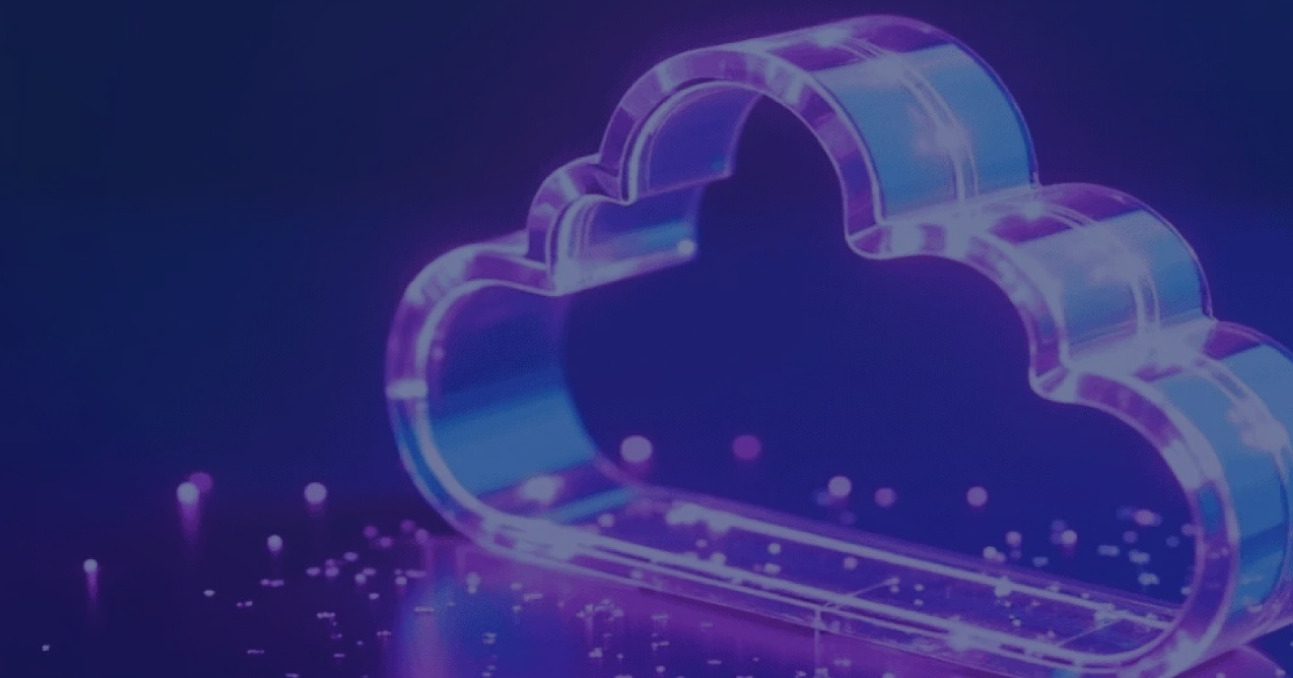 Futuristic cloud computing illustration shows glowing cloud icon. Rests on circuit board with digital data points, implying global network connection data storage. Modern tech design.