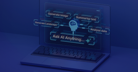 A futuristic, blue-themed digital illustration showing an open laptop on the right side of the image. A transparent holographic screen extends from the laptop, displaying glowing AI-related prompts such as “Generate image,” “Generate landscape,” “Summarise text,” “Analyse data,” and a central prompt reading “Ask AI Anything…” A stylized brain icon sits next to the prompts. The left side of the image features a soft, abstract blue gradient background with no objects, creating a tech-inspired atmosphere.