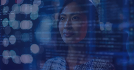 A focused woman observing digital data streams and programming code, symbolizing technology, analytics, and innovation.