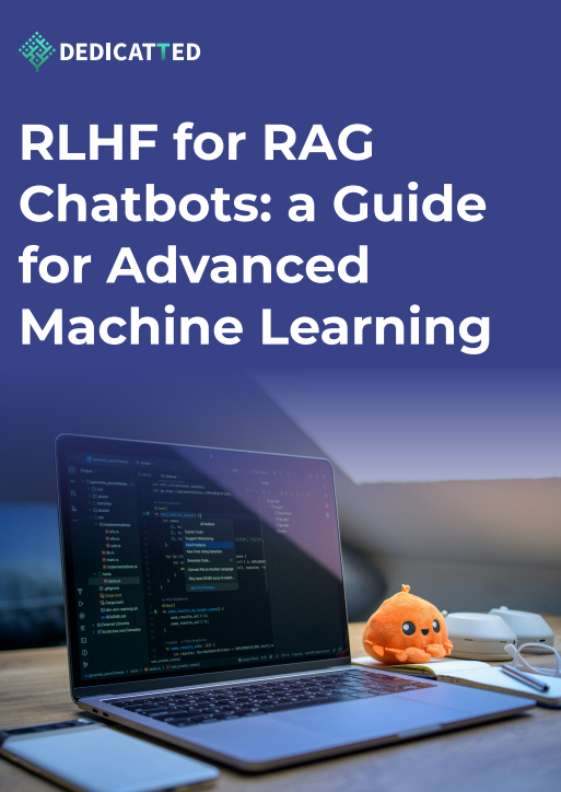 Whitepaper cover featuring a coding laptop on a desk and a small orange plush decoration, along with the headline about advanced machine learning for RLHF and RAG chatbots.
