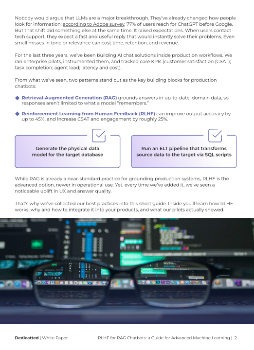 White paper page discussing the role of RAG and RLHF in production chatbots, featuring text on LLM expectations, key building blocks, and two highlighted steps for generating a data model and running an ELT pipeline.