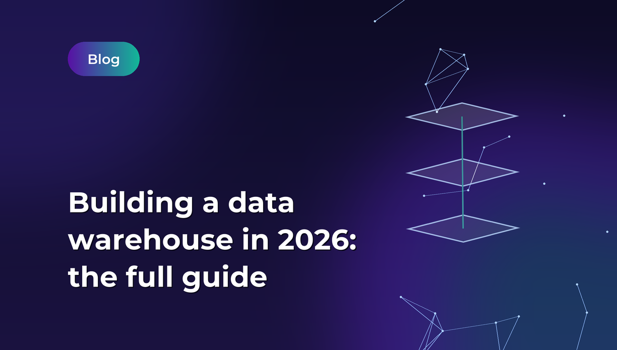 Hero image for a blog post titled "Building a data warehouse in 2026: the full guide" with a dark purple gradient background and geometric network illustrations on the right.