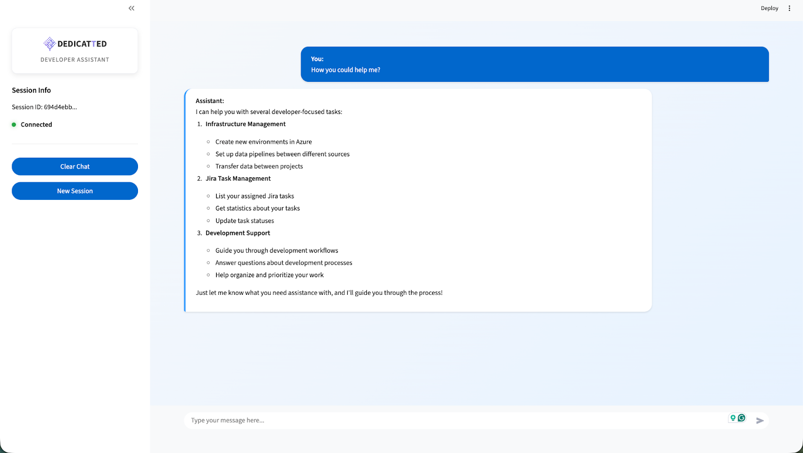 Web-based developer assistant interface showing a chat conversation with options for infrastructure management, Jira task management, and development support.
