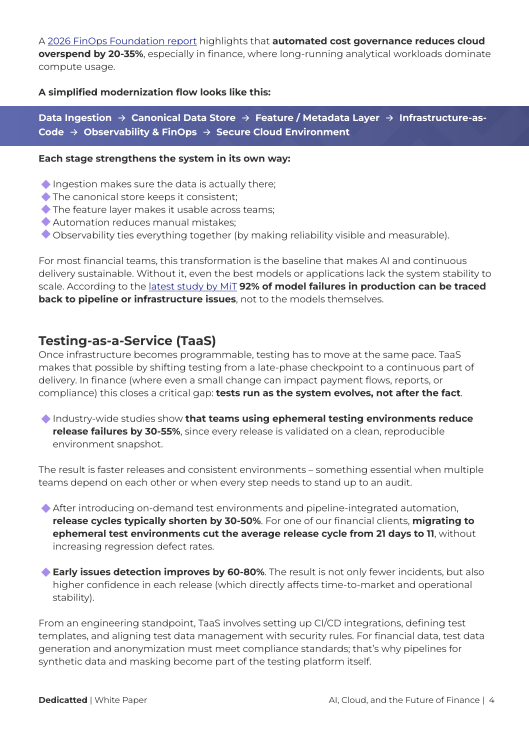 “Document page from a white paper outlining a FinOps data pipeline model and the benefits of Testing-as-a-Service, including reduced cloud overspend, shorter release cycles, and improved defect detection