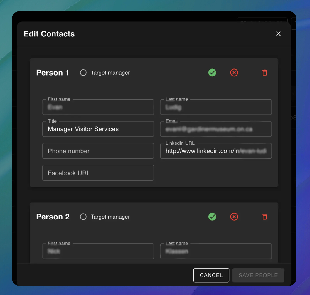 Screenshot of an &lsquo;Edit Contacts&rsquo; modal window in a dark-themed interface for GenAI platform. on AWS It shows editable contact cards for &lsquo;Person 1&rsquo; and &lsquo;Person 2,&rsquo; each with fields for first name, last name, title, email, phone number, and social media URLs. &lsquo;Person 1&rsquo; is filled in with the title &lsquo;Manager Visitor Services&rsquo; and includes an email and LinkedIn URL. Each contact row has icons to confirm, cancel, or delete. Cancel and Save People buttons appear at the bottom.