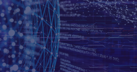 Abstract blue network visualization with interconnected nodes on the left and flowing code on the right, symbolizing data connectivity.