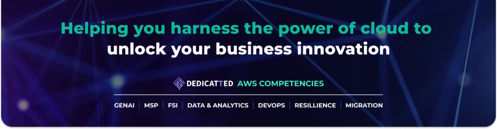 Hero banner promoting cloud-powered business innovation with Dedicated AWS Competencies branding on a dark tech background, and service categories below.