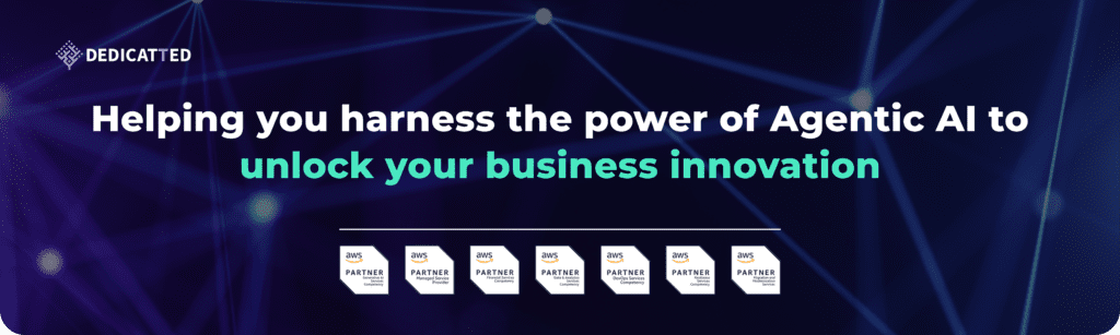 Banner with Dedicatted logo on a dark, abstract network background. Large headline reads: 