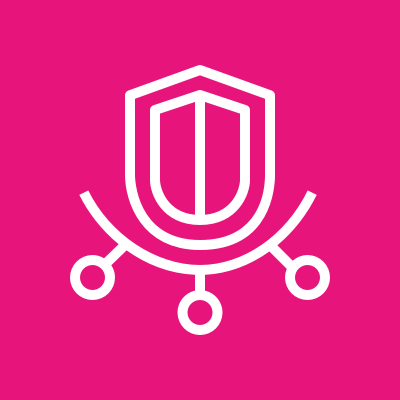 White shield and network-node icon on a pink background, symbolizing cybersecurity.