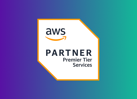 AWS Partner Premier Tier Services badge on a purple-to-teal gradient background, with orange border outline.
