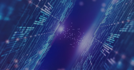 Abstract digital data corridor with blue light trails and glowing particles suggesting a high-tech network edge-to-edge.