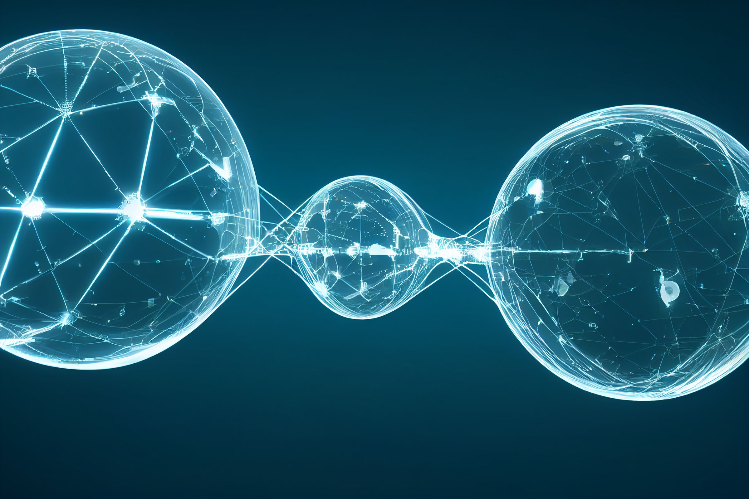 Three glowing translucent spheres of networked nodes linked by threads of light on a dark teal ground