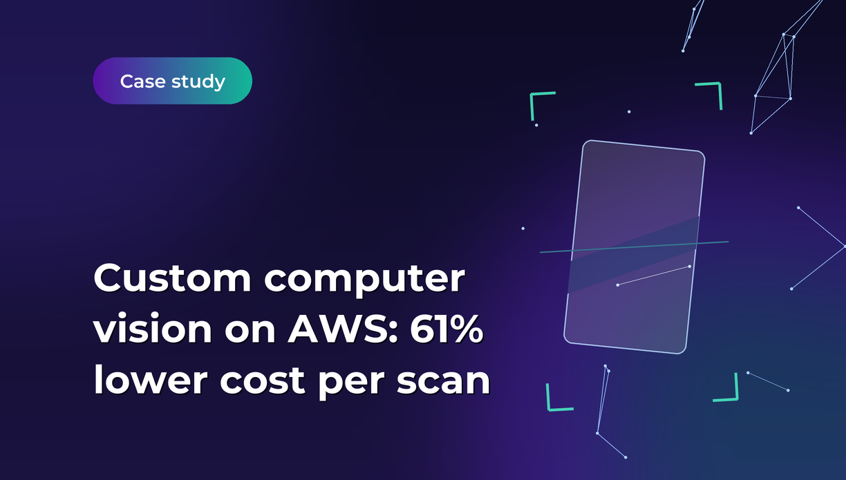 Case study banner: large title reads 'Custom computer vision on AWS: 61% lower cost per scan' with a dark gradient and futuristic graphics on the right side.