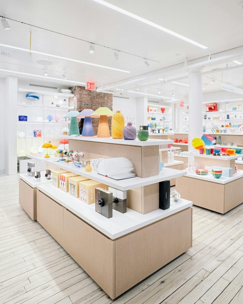 Bright modern retail store interior with product displays