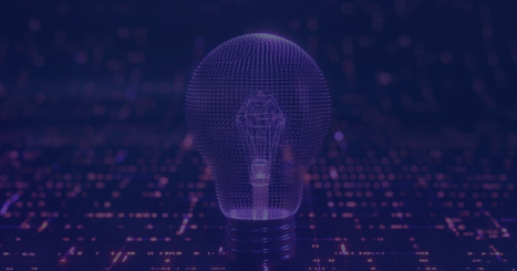 Purple glowing light bulb floating above a digital grid, symbolizing innovation and ideas in tech context.
